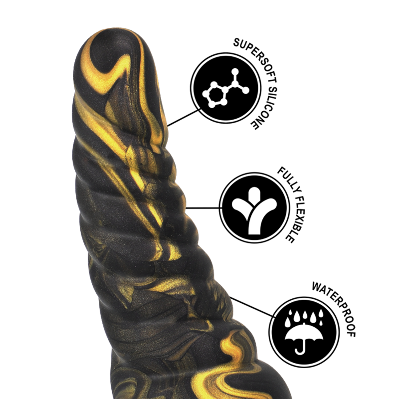 EPIC FURIAS dildo in black and gold, featuring supersoft silicone, fully flexible design, and waterproof capabilities.