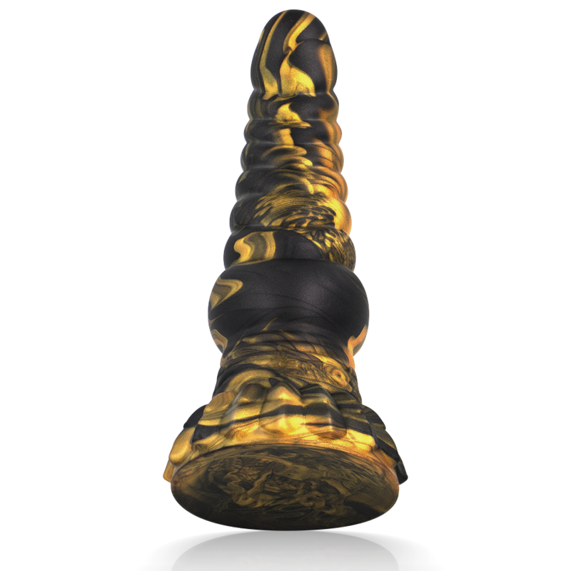 EPIC Furias dildo inspired by Greek mythological Furies, black and gold design, textured for powerful experiences.