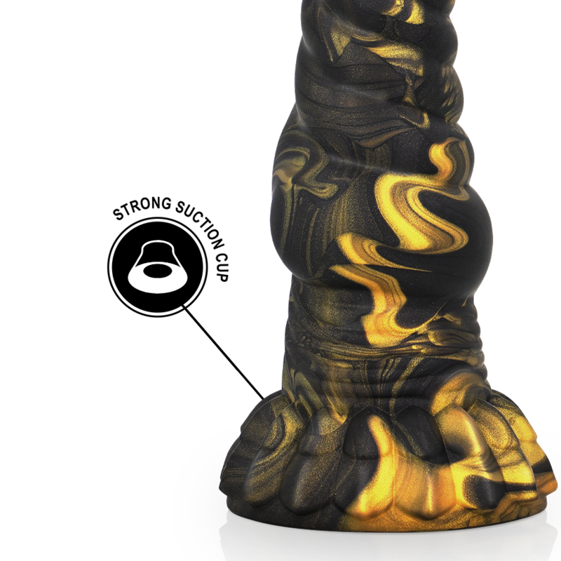 EPIC FURIAS dildo with black and gold swirl design, featuring a strong suction cup base for stability and hands-free use.