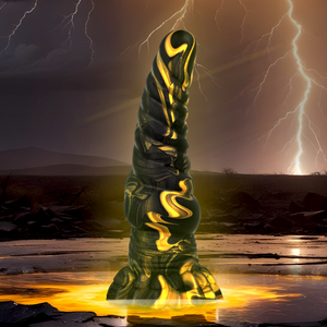 EPIC FURIAS dildo inspired by Greek Furies, shown in a dramatic glowing setting with lightning in the background.
