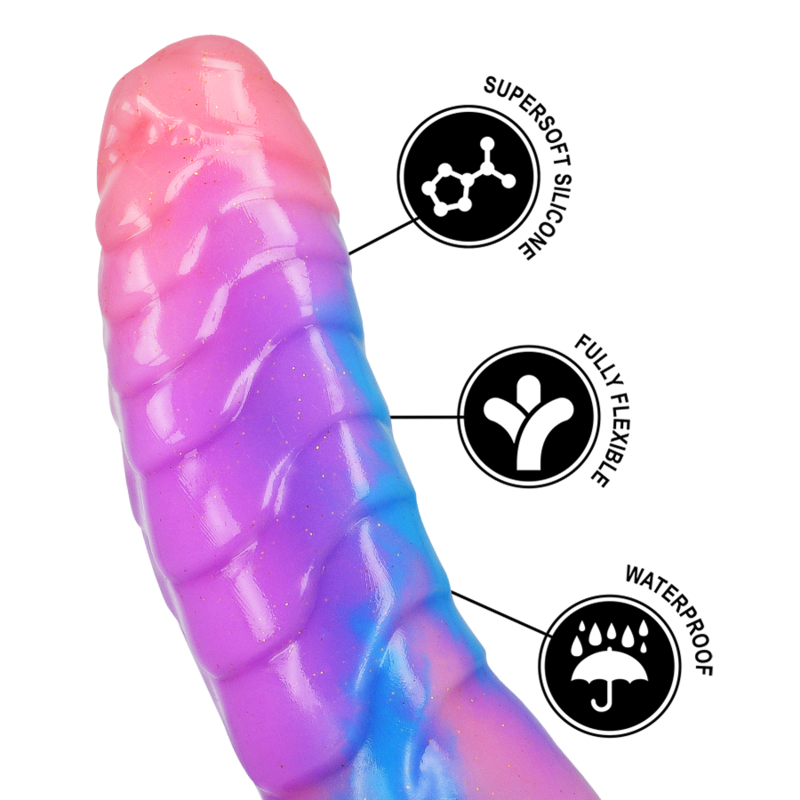 Colorful EMPUSA dildo by EPIC, highlighted with supersoft silicone, fully flexible, and waterproof features for enhanced pleasure.