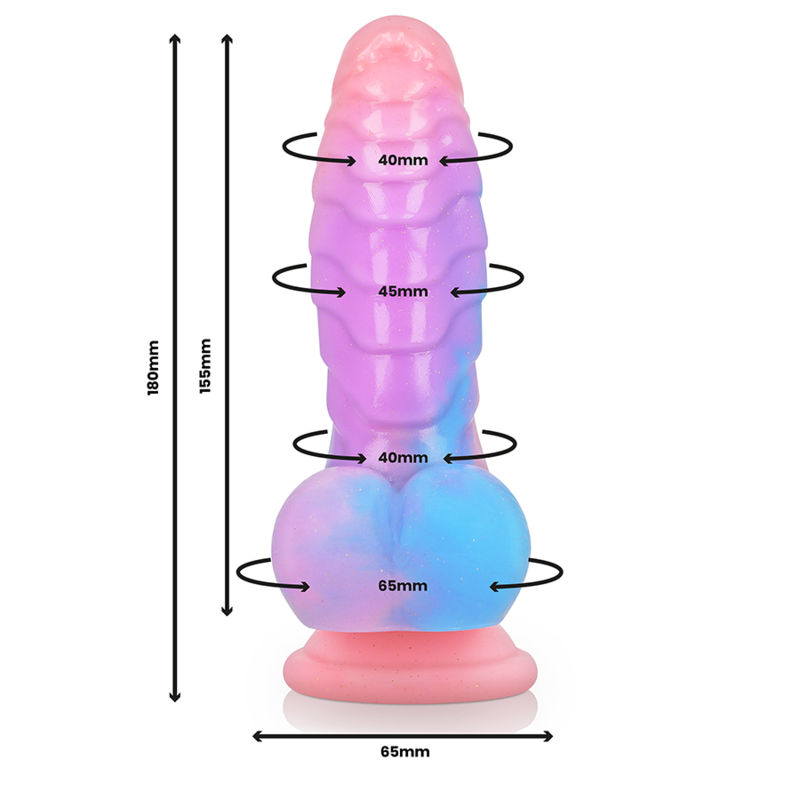 Colorful EPIC EMPUSA dildo with measurement details in millimeters, inspired by Greek mythology's Empusa for passionate experiences.