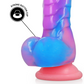 Colorful EMPUSA dildo with strong suction cup, inspired by Greek mythology, featuring vibrant blue and pink gradient design.