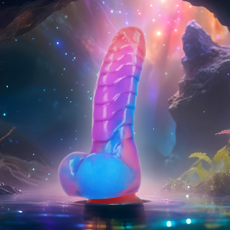 Colorful EMPUSA dildo inspired by Greek mythology in a mystical setting, showcasing seductive power and strength for intense pleasure.