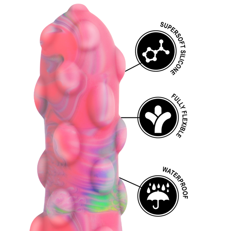 Close-up of EPIC Nixie dildo highlighting its supersoft silicone, fully flexible design, and waterproof features.