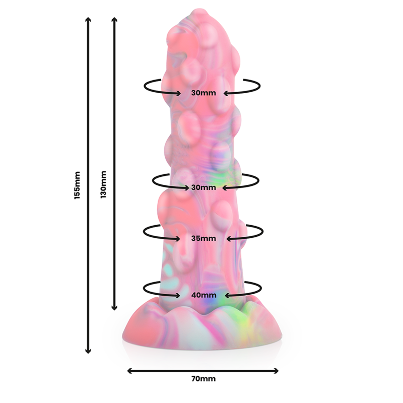 Colorful Nixie dildo with textured design, inspired by mythological spirits, 155mm tall and 70mm wide, perfect for smooth sensuality.
