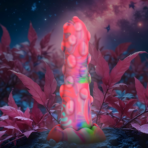 EPIC Nixie dildo with colorful, fluid design, inspired by Nixies of folklore, set against a mystical nature background.