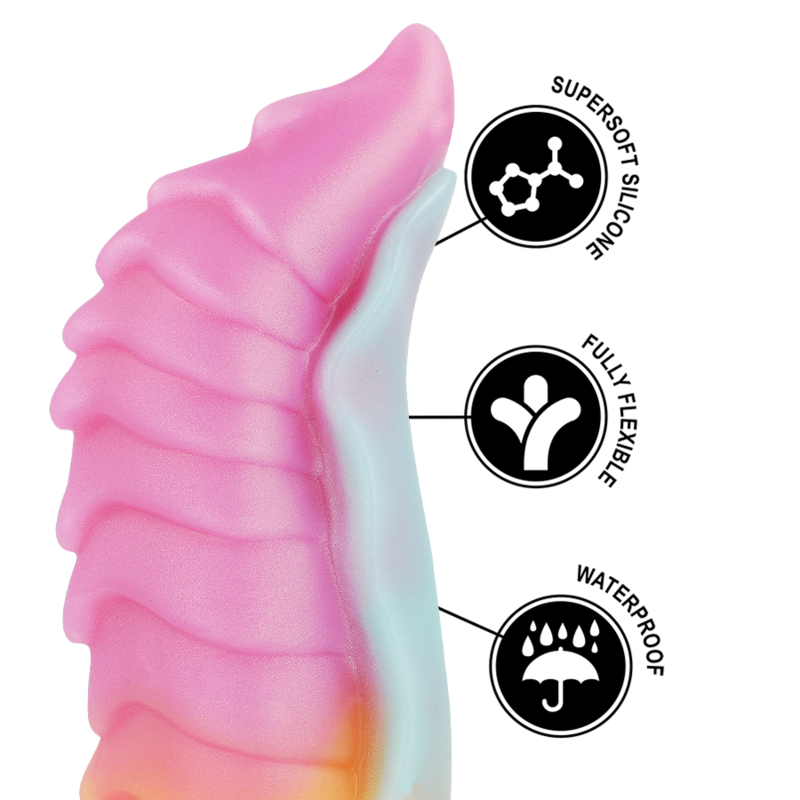 Kelpie dildo featuring supersoft silicone, fully flexible design, and waterproof capabilities.
