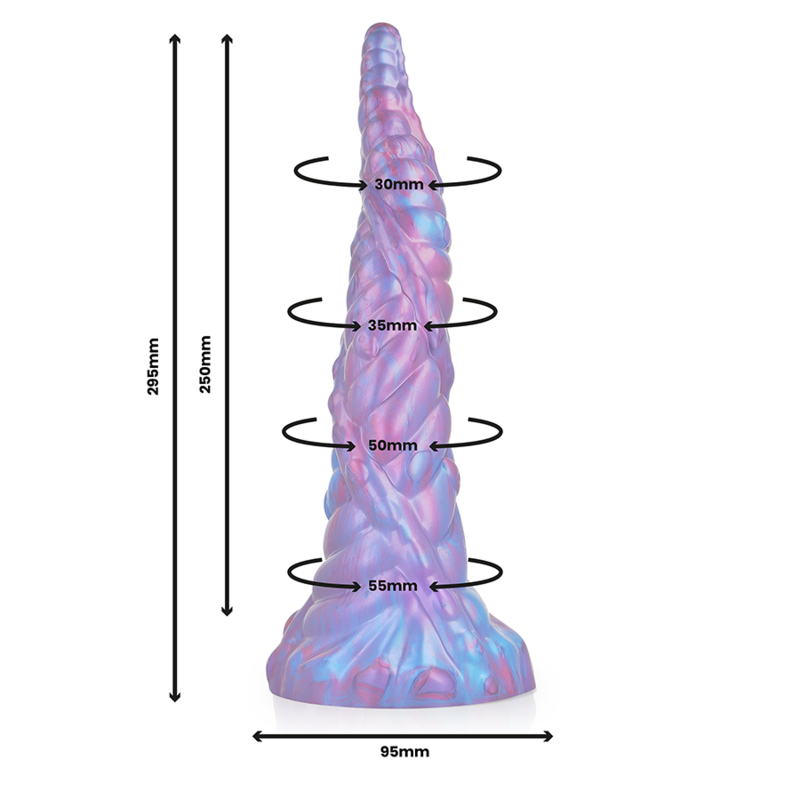 NOKKEN dildo from EPIC with a mythological aquatic creature design, showcasing dimensions and textured surface in purple tones.