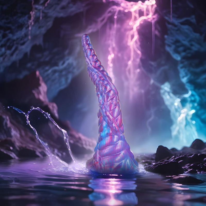 NOKKEN dildo inspired by mythological Nøkken, in a mystical cave setting with water and glowing ambiance.