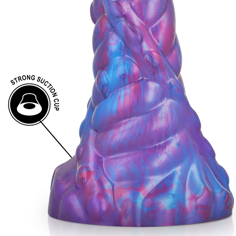 Colorful Nokken dildo close-up showcasing intricate blue and purple design with strong suction cup for secure placement.