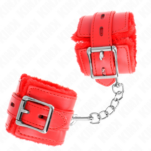 KINK - FUR LINED WRIST RESTRAINTS WITH SQUARE HOLES RED AND RED BELT ADJUSTABLE 17-29 CM X 6 CM - LoveYou.lv