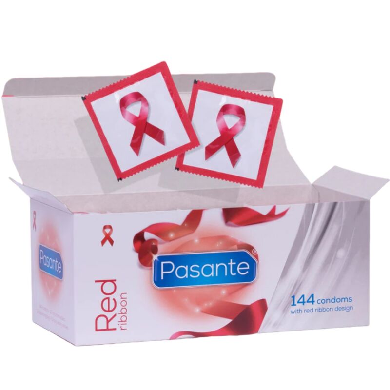 Pasante Red Ribbon condoms box with 144 units, raising HIV/AIDS awareness with themed packaging.