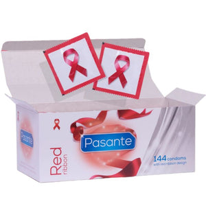 Pasante Red Ribbon condoms box with 144 units, raising HIV/AIDS awareness with themed packaging.