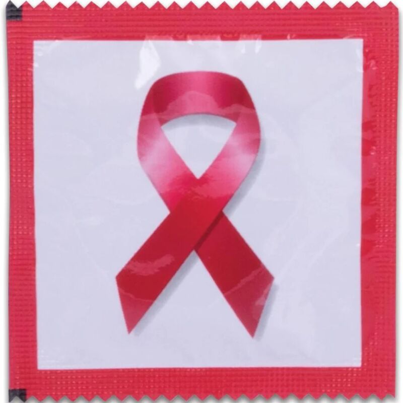 Red Ribbon condom wrapper promoting HIV and AIDS awareness.