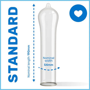 Standard condom dimensions with 190mm length and 54mm width, featuring a heart symbol.