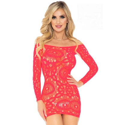 LEG AVENUE - МИНИ-ПЛАТЬЕ ИЗ КРУЖЕВА С ДЛИННЫМИ РУКАВАМИ, КРАСНОЕ, ОДИН РАЗМЕР